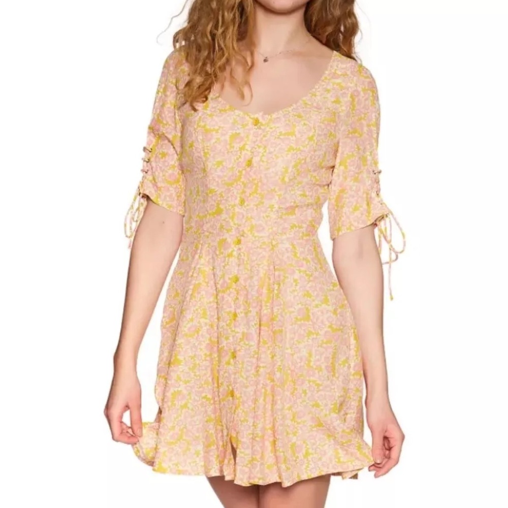 NEW Free People Laced Up Floral Mini Dress Yellow Pink ~ M
